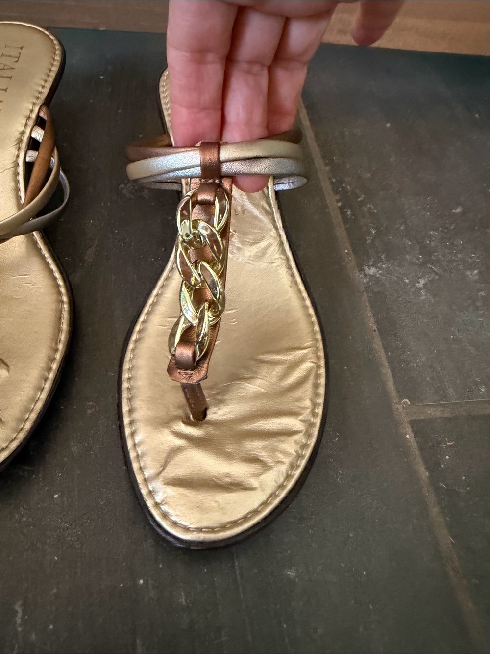 Italian Shoemakers Gold and Brown Chain-Accent Toe-Ring Sandals - Picture 8 of 10